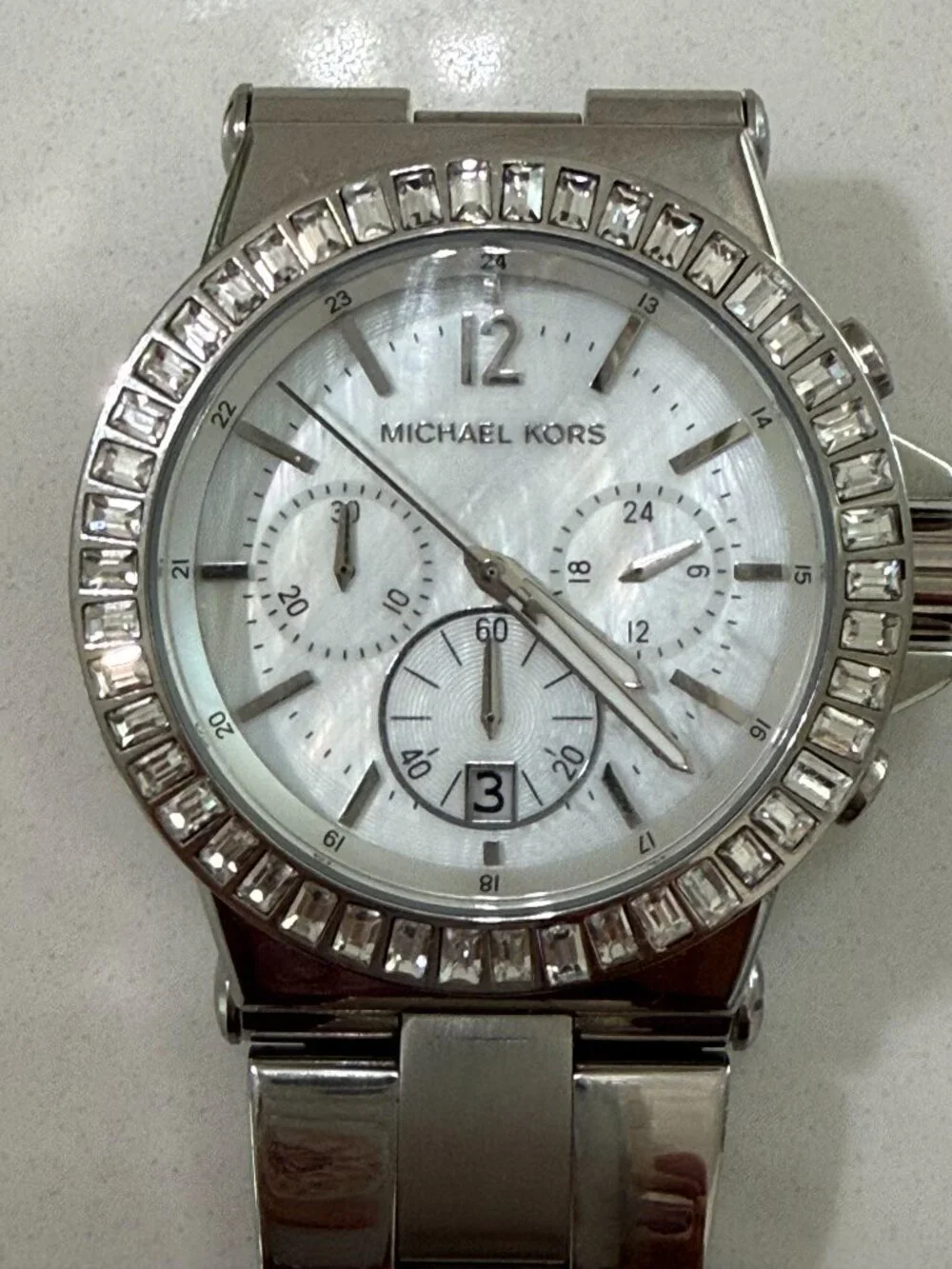 Michael Kors MK5411 Dylan Crystal Bezel Mother of Pearl Silver Chronograph Watch
